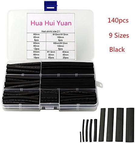 140Pcs 2:1 Heat Shrink Tubing Black Color 9 Sizes Tubing Wrap Sleeve Set Combo Assorted Heat Shrink Tube Kit for DIY