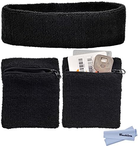Techion Sports Sweatband Set Including 1 Pack Headband and 2 Pack Wristbands with Zipper Pocket / Wallet for Cycling, Running, Tennis and more