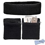 Techion Sports Sweatband Set Including 1 Pack Headband and 2 Pack Wristbands with Zipper Pocket / Wallet for Cycling, Running, Tennis and more
