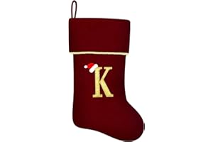 Subyan 20 Inches Initial Monogram Wine Red Christmas Stocking, Personalized Large Embroidered Letter Velvet Christmas Stocking with Gold Trim Decoration for Family Christmas Holiday Party Decor(K)
