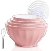 JCXivan Mixing Bowls with Lids Set,4 Piece Large Plastic Nesting Bowls,Includes 4 Microwave safe Mixing Bowl and An Egg Whisk for Kitchen Prepping,Baking,Cooking Food, Pink