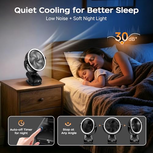 WUQNGI Mini Portable Fan, 10000 mAh Silent Table Fan, USB Powerful Desk Fan with Clamp and Timer, Oscillating, Rechargeable, LED Lights for Night Camper Stroller Office