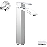 Chrome Vessel Sink Faucet, Greenspring Waterfall Bathroom Faucets, Tall Spout Single Handle Single Hole Bathroom Faucets with Pop Up Drain and Without Overflow Basin Faucet Supply Line