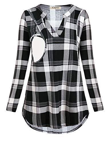 Cinery Breastfeeding Tops, Women Long Sleeve Nursing Tshirt Comfy Postpartum Clothes Plaid Lightweight Blouses Mama Notch Neck High Low Hem Top (Black M) - Thumbnail 3