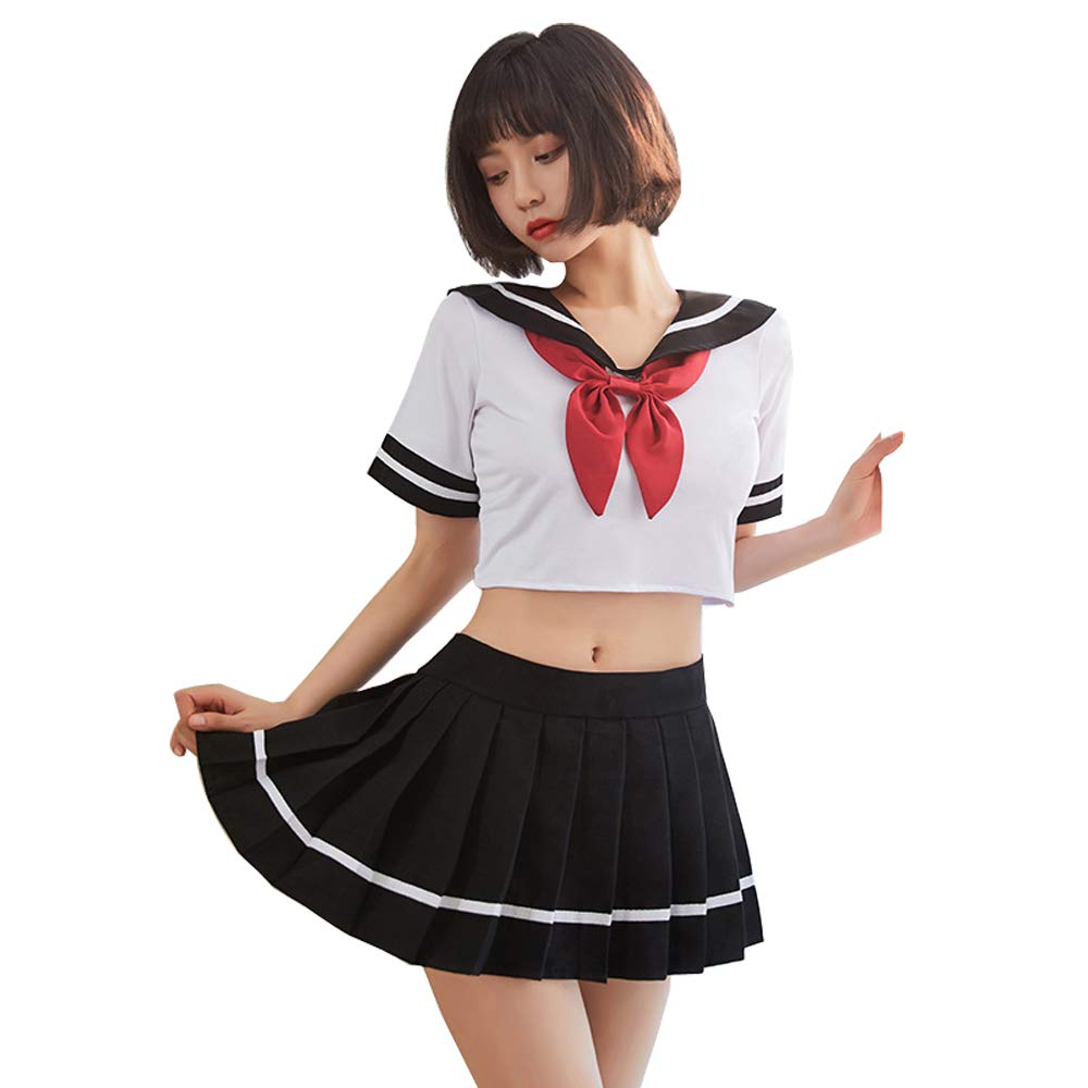 SINMIUANIME Sexy lingerie female JK uniform cosplay lingerie Japanese sailor soft cute student suit (White Black)