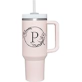 Personalized 40oz Tumbler Cup with Initials.Cup with Letter P 40oz Tumbler with Handle.Custom Tumbler Cup with Letter.Initial Monogram Tumbler Mug Gifts for Women Birthday Christmas.