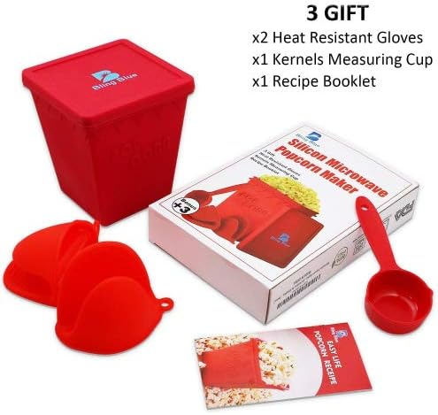 Microwave Popcorn Popper, Hot Air Silicon Popcorn Maker, Healthy No Oils Needed, BPA, PVC Free, Including 3 gifts: Measuring Cup, Heat Resistant Glove, Recipe Booklet. By BlingBlue.