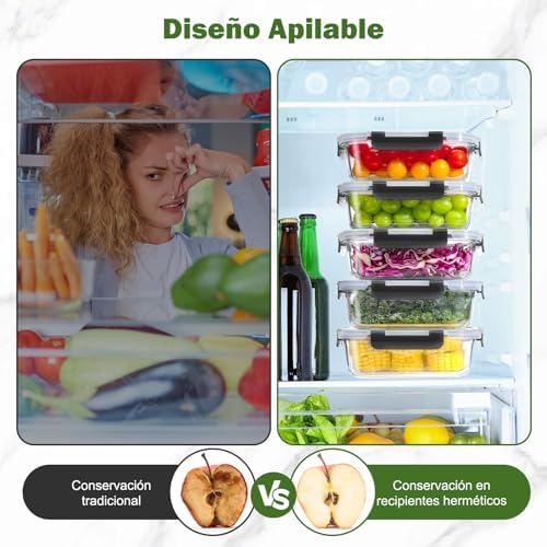 Paquete de 5 recipientes de vidrio con tapas, 1040 ml, gruesos y duraderos, recipientes de vidrio apilables herméticos para preparación de comidas, almacenamiento de alimentos sin BPA, Negro