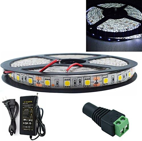 SINOMANN@12V Flexible LED Strip Lights+12V 5A Adapter, 6000K Cool White, 300 Units SMD 5050 LEDs, 218 Lumens/ft, 4.4 watts/ft, waterproof IP65, 12 Volt LED Light Strips, Pack of 16.4ft/5m