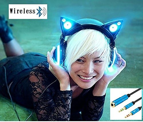 New Edition Wireless Bluetooth Cat Ear Headphones (8 Color Changing) Set with Headphone Mic Audio Y Splitter Cable Smartphone Headset to PC Adapter