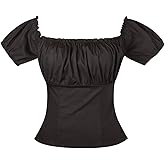 YARN & INK Women's 1950s Vintage Pinup Tops, Back Elastic Waist Cute Rockabilly Off Shoulder Shirt, Short Sleeves Blouse