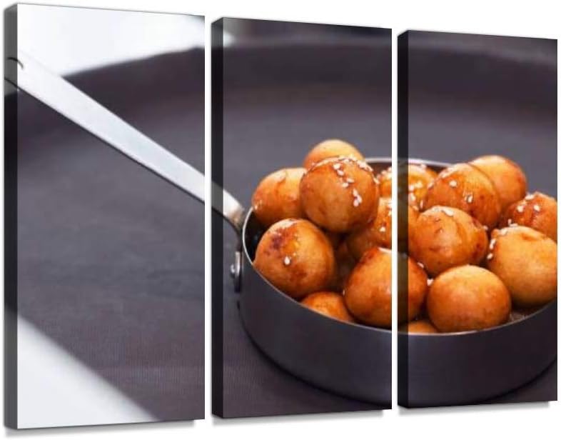 Luqaimat - Delicious Middle Eastern Sweet Delicacy Print On Canvas Wall Artwork Modern Photography Home Decor Unique Pattern Stretched and Framed 3 Piece