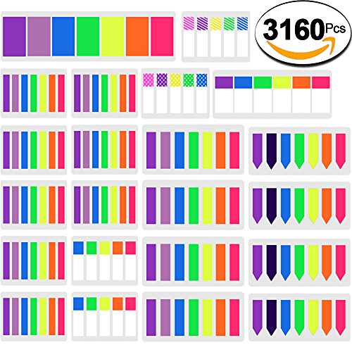 SIQUK 3160 Pieces Colored Page Markers Sticky Index Tabs Neon Note Tabs Polka Dots and Stripes Page Flag Tabs Fluorescent Sticky Note, 22 Sets