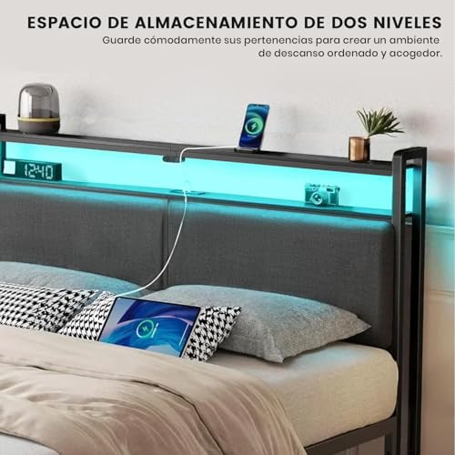 KVOZEN Cabecero de Cama Queen Size 150cm con Luces LED RGB Inteligentes, Cabecero Acolchado con 4 Puertos de Carga USB y Type-C, Estante y Control Remoto, Cabecero Matrimonial Moderno para Dormitorio
