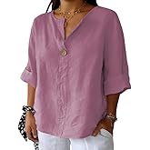 ForHailey Women's Plus Size 3/4 Sleeve Linen Cotton V Neck Button Shirt Blouse Tunic Tops Loose Fit