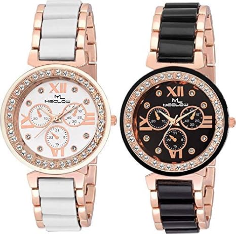 MECLOW Analogue Black and White Dial Watch for Women/Girls (Set of 2)
