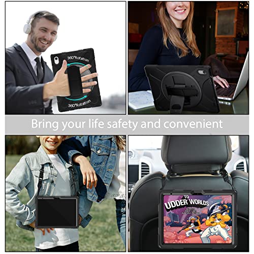Gerutek Shockproof Case for iPad (A16) 11th/10th Generation (11/10.9 inch) 2025/2022, iPad 10th Case, Rugged Case with 360 Rotating Stand, Hand Strap and Shoulder Strap, Pen Holder, Black