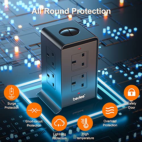 bedee Tower Power Strip Extension Cord, 8 Way Outlets 4 USB Ports Tower Extension Lead with Surge Protection Overload Protection