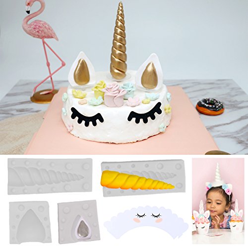 Kabi 5PCS Unicorn Silicone Cake Toppers Mold Set for Baking Cake Decoration Making Sugar Craft Candy Chocolate,with Unicorn Cupcake Toppers & Wrappers Double Sided 12 Sets