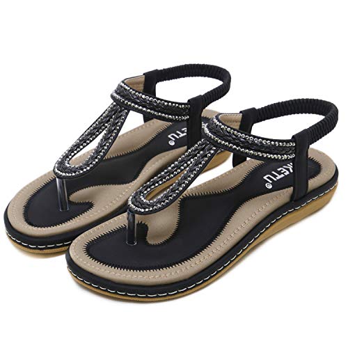 DolphinBanana Women's Bohemian Simple T-Strap Summer Flat Thong Sandals, Black Flip Flops Glitter Shiny Rhinestone Herringbone Woven Tape Shoes for Dressy Casual Jeans Daily Wear and Beach Vacation