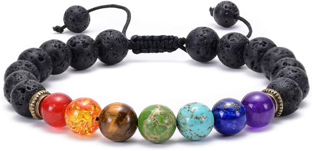 GelConnie Lava Rock Chakra Bracelet 7 Chakra 8mm Natural Stone Healing Bracelet Stress Relief Yoga Beads Anxiety Bracelet Aromatherapy Essential Oil Diffuser Bracelet Bangle: Jewelry