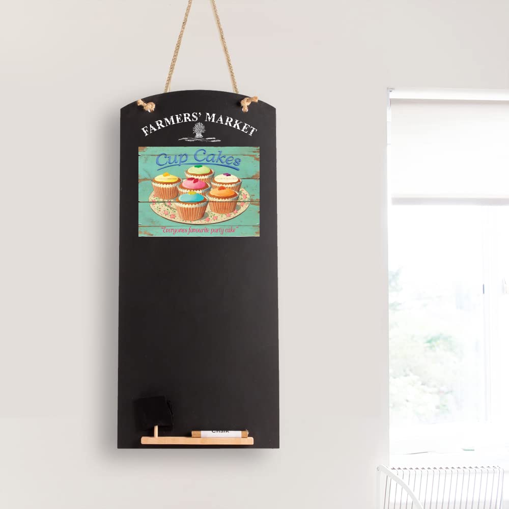 Chalkboards UK CHB073 Cupcakes Tall Thin Chalkboard/Blackboard/Memo Kitchen Board with Rope, Tray and Chalk. Booths Design Range, Wood, Black, 60 x 26.5 x 1 cm