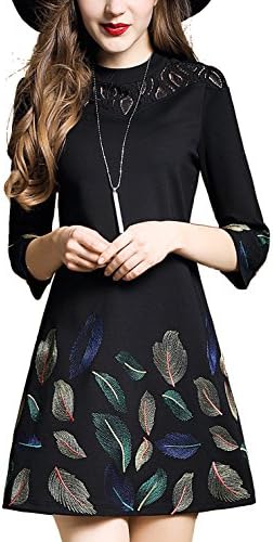 DanMunier Women's 3/4 Sleeve Embroidery Floral Fit and Flare A-Line Dress (8281, XS)