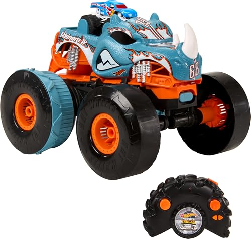 Hot Wheels Monster Trucks, Coche Teledirigido, RC Rhinomite radiocontrol, Coche de Juguete teledirigido con Mando se transforma en Pista, +5 anos, HPK27