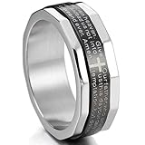Silver Black Stainless Steel Ring Band Bible Lords Prayer Cross