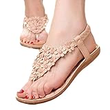 Fullkang Lady Elegant Bohemia Sweet Flower Beaded Sandals Clip Toe Summer Beach Sandals (US 5.5, Khaki)