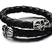 Elastic Adjustable Men's Black Braided Leather Wrap Bracelet Wristband with Steel Skull Silver Black