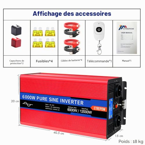 ETREPOW 6000 W 24 V 220 V/230 V Pure Sine Inverters Transformer - 2 EU AC Power Socket, 1 USB Port, Wireless Remote Control and LCD Screen, for Trucks, Camping, Travel