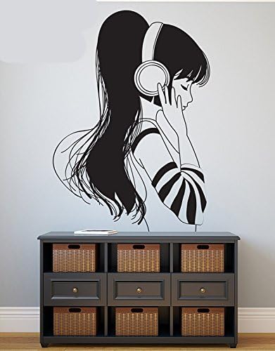 Vinyl Wall Decal Sticker Girl Music Listener OS_DC792B (REVERSE) 62in Tall X 42in Wide (Black)