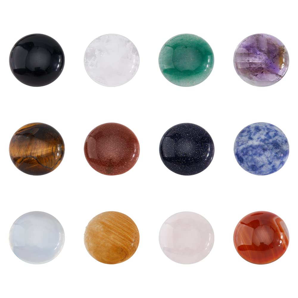 SUPERFINDINGS 12Pcs 12 Styles Natural Cabochon Gemstone 25mm Half Round Dome Flatback Quartz Stone for Necklace Jewelry Making DIY Craft Handmade