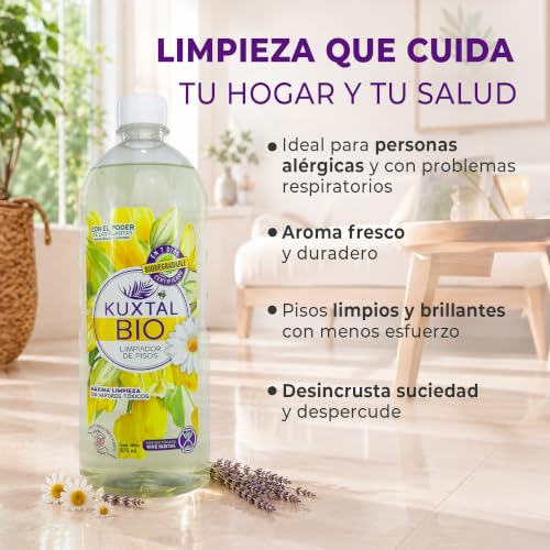 KUXTAL Limpiador Líquido para Pisos Paquete de 2, Ideal para Trapear Cualquier Superficies, Seguro para toda la familia y espacios con mascotas, Aroma Floral, Certificación Biodegradable OECD 301-A