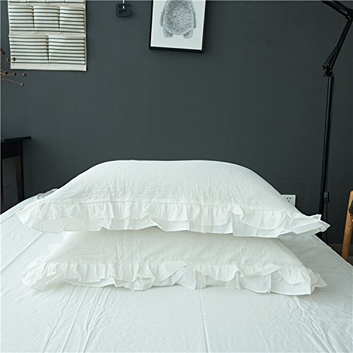 meaning4 White Pillow Cases Pillow Shams Covers Cotton with Hem Ruffle Standard or Twin Size Set of 2 20x26 inches