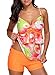 Aleumdr Womens Ruffle V Neck Printed Open Back Tankini Top Swimsuit with Swim Shorts