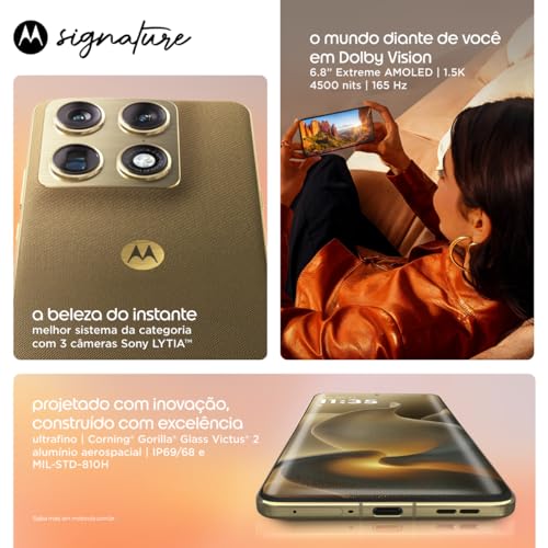 Smartphone Motorola Signature 5G - 512GB 24GB (12GB RAM + 12GB RAM Boost), 3 cameras 50MP Sony Lytia e Zoom 100x, Tela 1.5K extreme Amoled 165hz - Preto