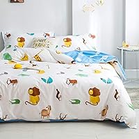 LAYENJOY 100% Cotton White Blue Kids Duvet Cover Twin Lion Elephant Zebra Tiger Deer Monkey Crocodile Cartoon Animal Forest Safari Bedding Set for Teens Boys Girls Cloud Reversible, No Comforter