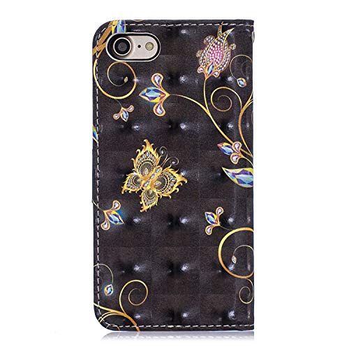Shinyzone Floral Series Phone Case for iPhone 8/iPhone 7,Premium Leather Book Wallet Flip Cover with Card Holder Cash Pocket with Wrist Strap Magnetic Viewing Stand-Black Butterfly