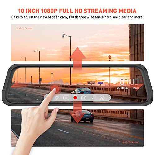 Front and Rear View Mirror Dash Cam, 1080P 170° Wide Angle Front Camera and 720P 140°Wide Angle Streaming Rear Camera, 10inch IPS Dashcam Touch Screen, Backup Camera with Night Vision, G-Sensor - Thumbnail 3