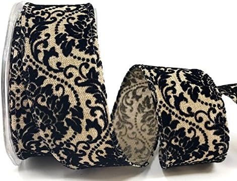 Damask Velvet Black On Natural Burlap (with a hint of Glitter) 38mm Ribbon by Bertie's Bows Ribbon on a 10m Roll