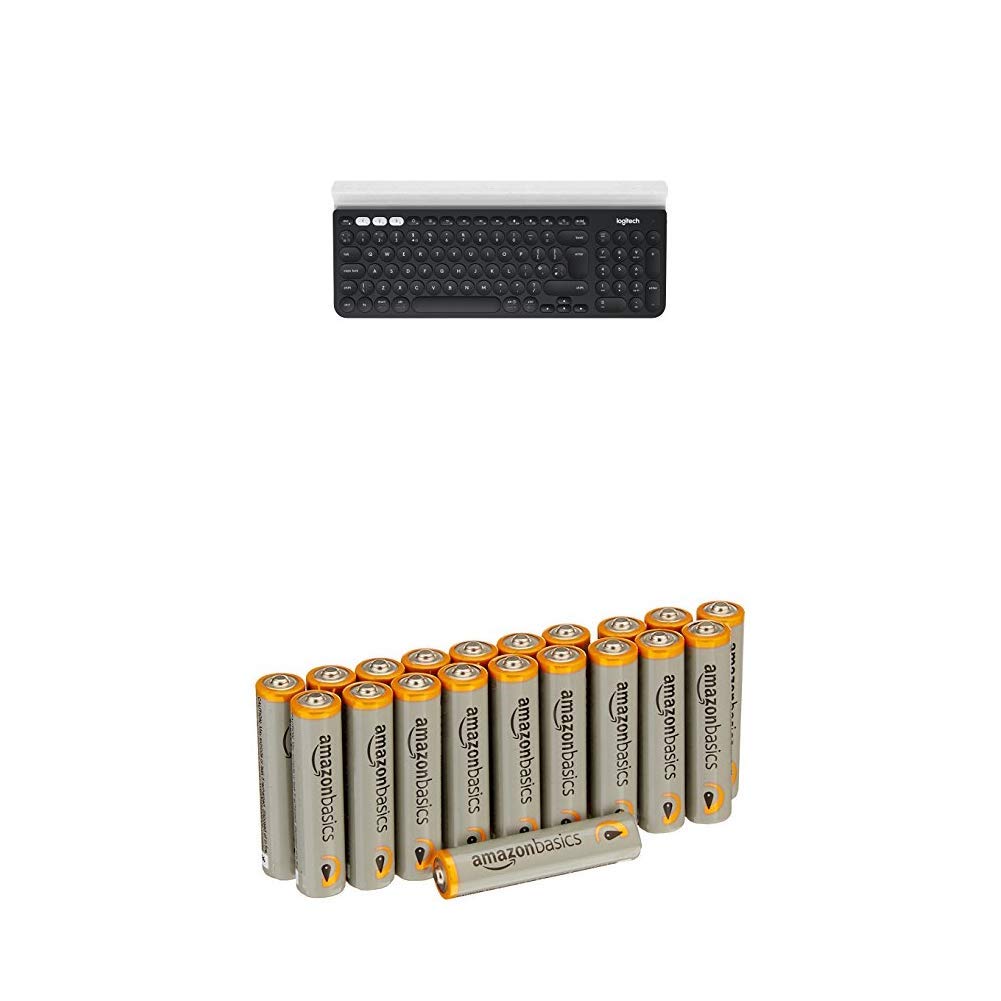 Logitech K780 Multi-Device Wireless USB, Bluetooth Keyboard, Wireless Keyboard for Windows, Mac, Chrome OS, iOS, Android, Switch Between Devices, Quiet Keyboard, QWERTY UK Layout, Dark Gray/White with Amazon Basics Batteries