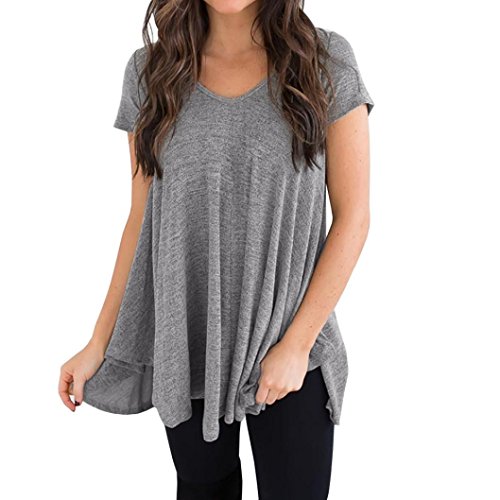 FEITONG Women's Loose Plus Size Short Sleeve V-Neck Irregular Hem Casual Tee T-Shirt Top Black Gray Purple Green(XX-Large,Gray)