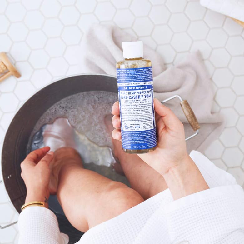 Dr. Bronner's Pure-Castile Magic Liquid Soap (Peppermint, 8 Ounce)- Made with Organic Oils, 18-in1 Uses: Face, Hair, Hand & Body Soap, Laundry, Pets- Concentrated, Vegan, Non-GMO
