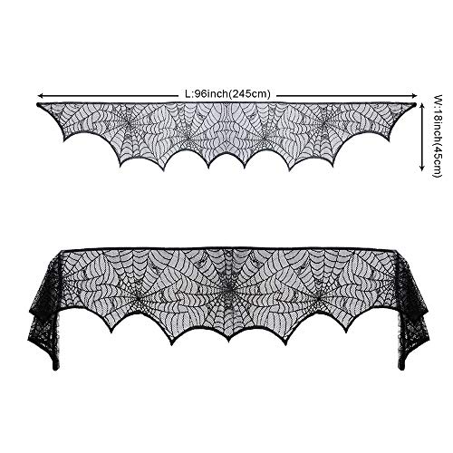 Halloween Cobweb Fireplace Scarf, Black Lace Spiderweb Mantle Scarf for Halloween Home Party Supplies, 18 x 96 inch