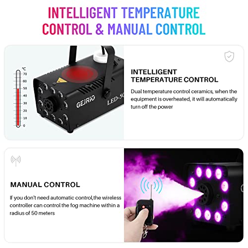 GEJRIO Fog Machine, 500W Smoke Machine with 16 Color Controllable