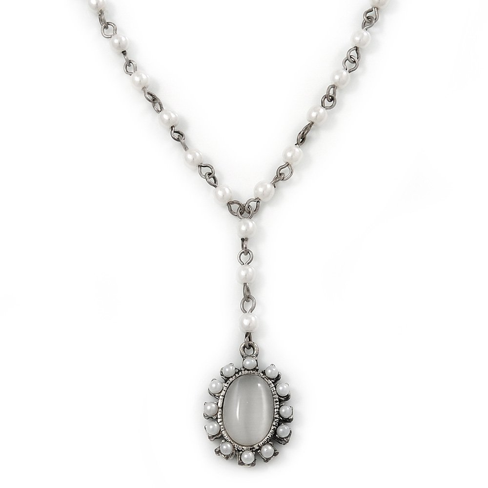 Avalaya White Simulated Pearl Y-Shape Necklace With Milky White Cat Eye Oval Pendant In Antique Silver Tone - 38cm Length/ 8cm Extension