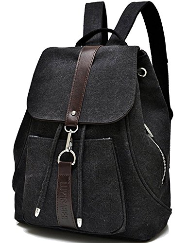 Apiidoo Women's Vintage Leather Canvas Backpack School Rucksack Hiking Daypack Black