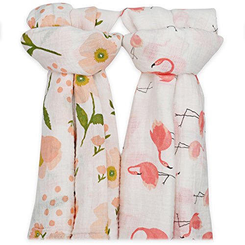 Muslin Swaddle Blankets for Baby,100% Cotton Muslin 47 x 47 inch Baby Blankets Cloth Diapers for Wrapping and Swaddling Infants, Pack of 2 (Flamingo & Orange Blossom.)